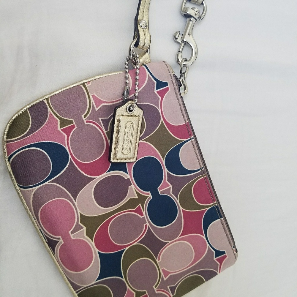 Coach Satin, multi colored gold wristlet,  GUC